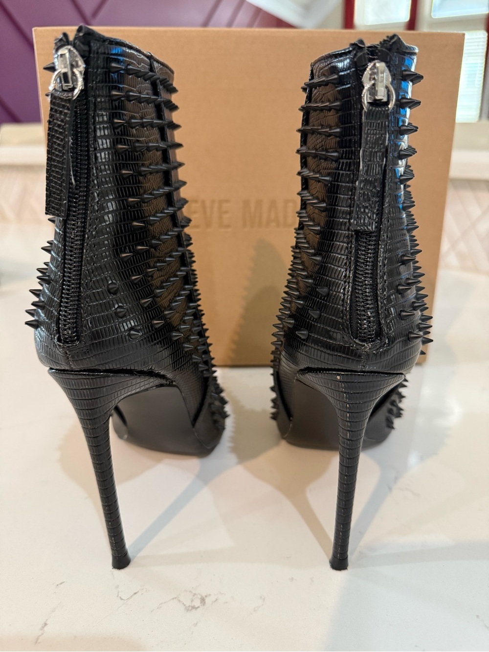 Steve Madden Black Spike-Embellished Pointed Toe Heeled Boots - Picture 4 of 9